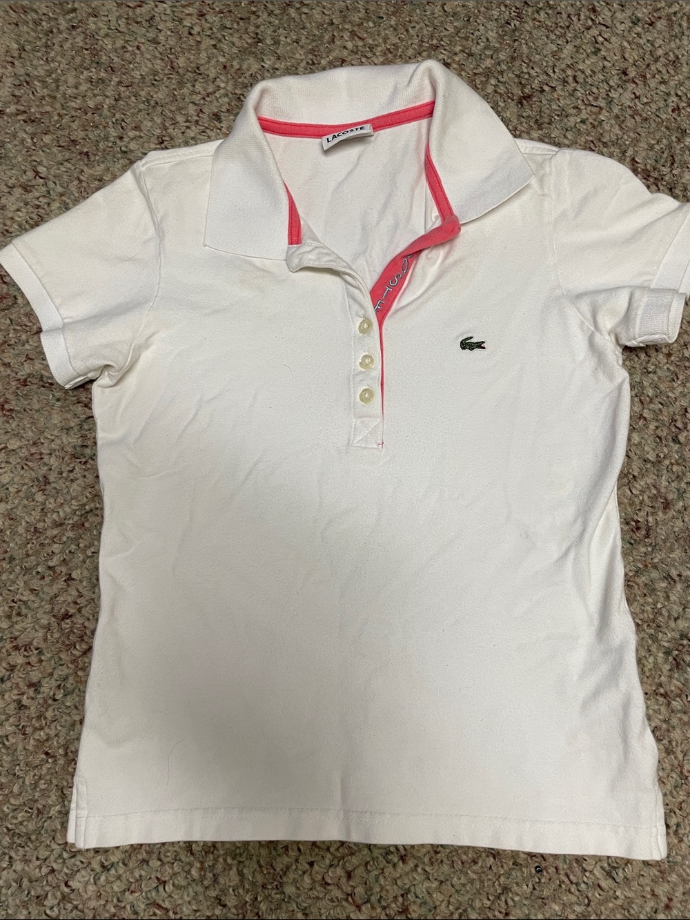 Lacoste White short sleeve button bust Polo with Pink Trim